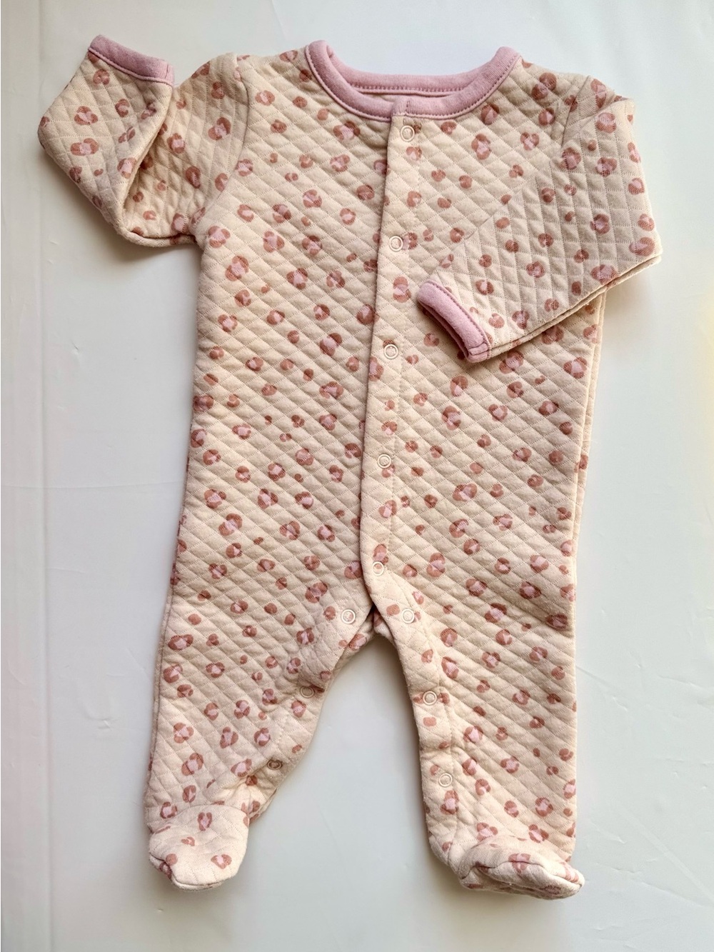 Chickpea Quilted Baby Footie One-Piece in Cream with Pink Trim